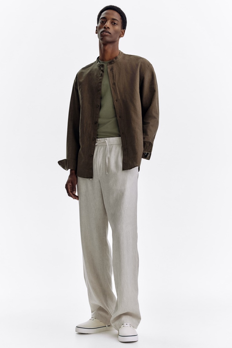 H&M Linen Band Collar Shirt Drawstring Pants Outfit