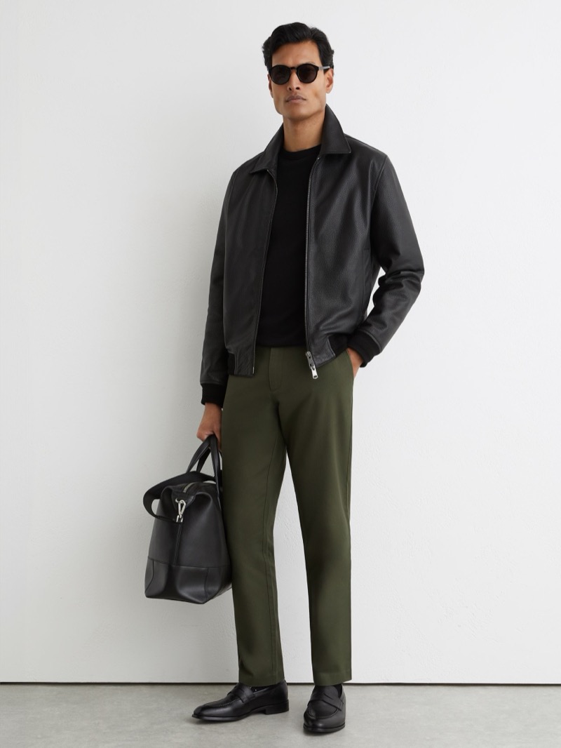 Reiss Dobby Chinos Leather Jacket Outfit