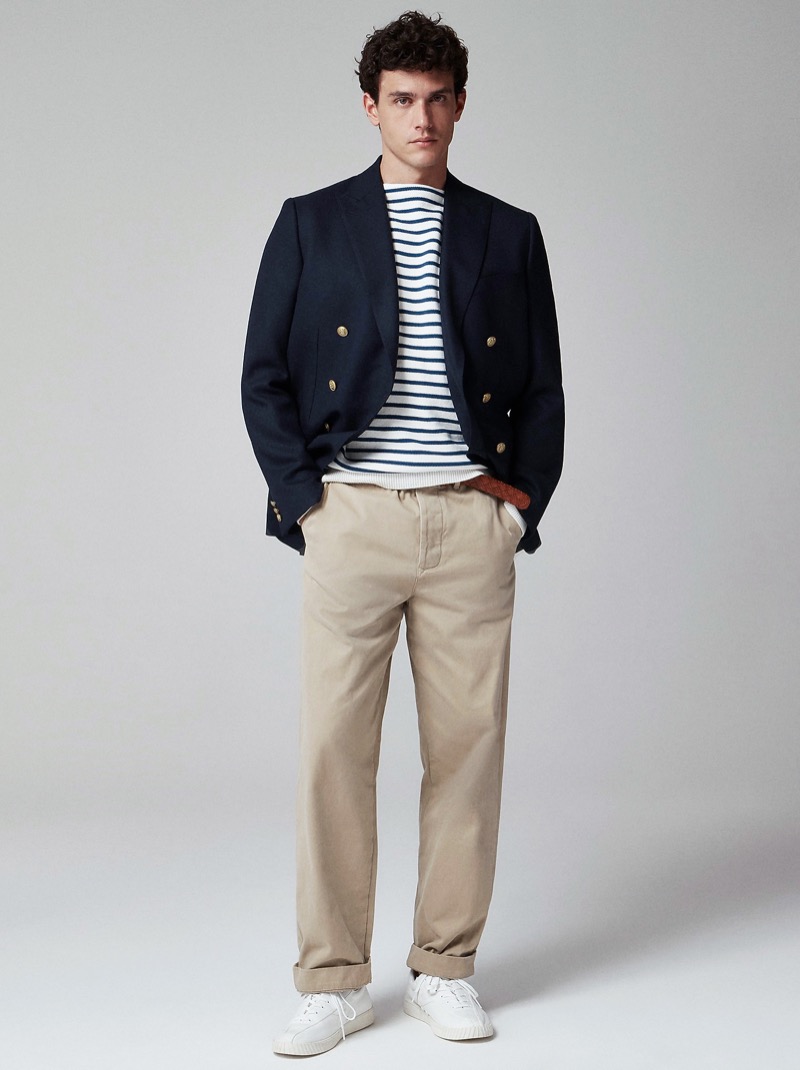 Wallace & Barnes Selvedge Officer Chinos Blazer Sweater Outfit