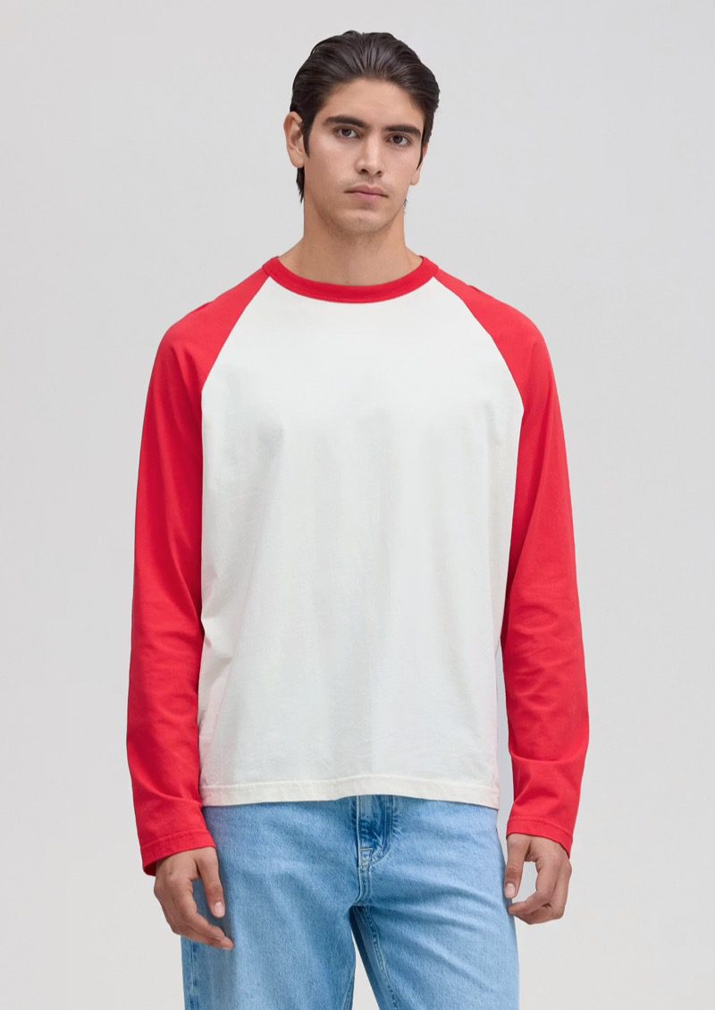 Red and white baseball tee from NN07