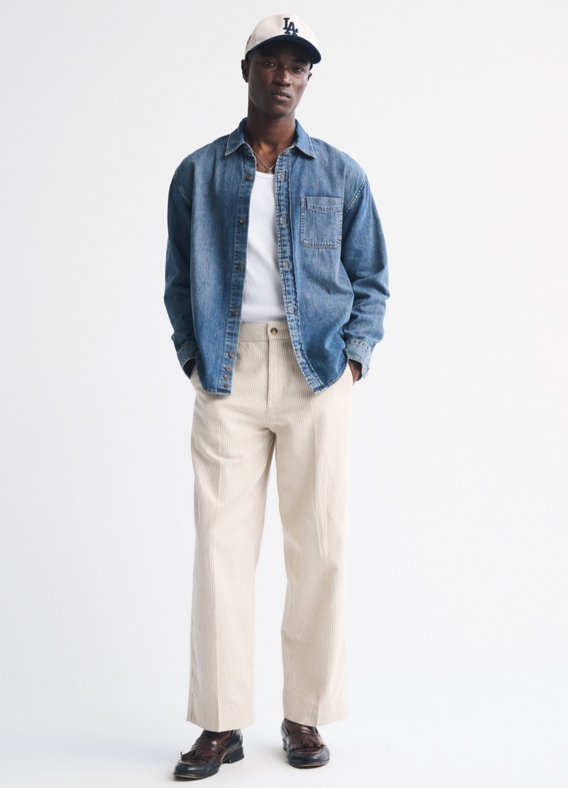 blue denim shirt with corduroy trousers and woven leather belt outfit for men