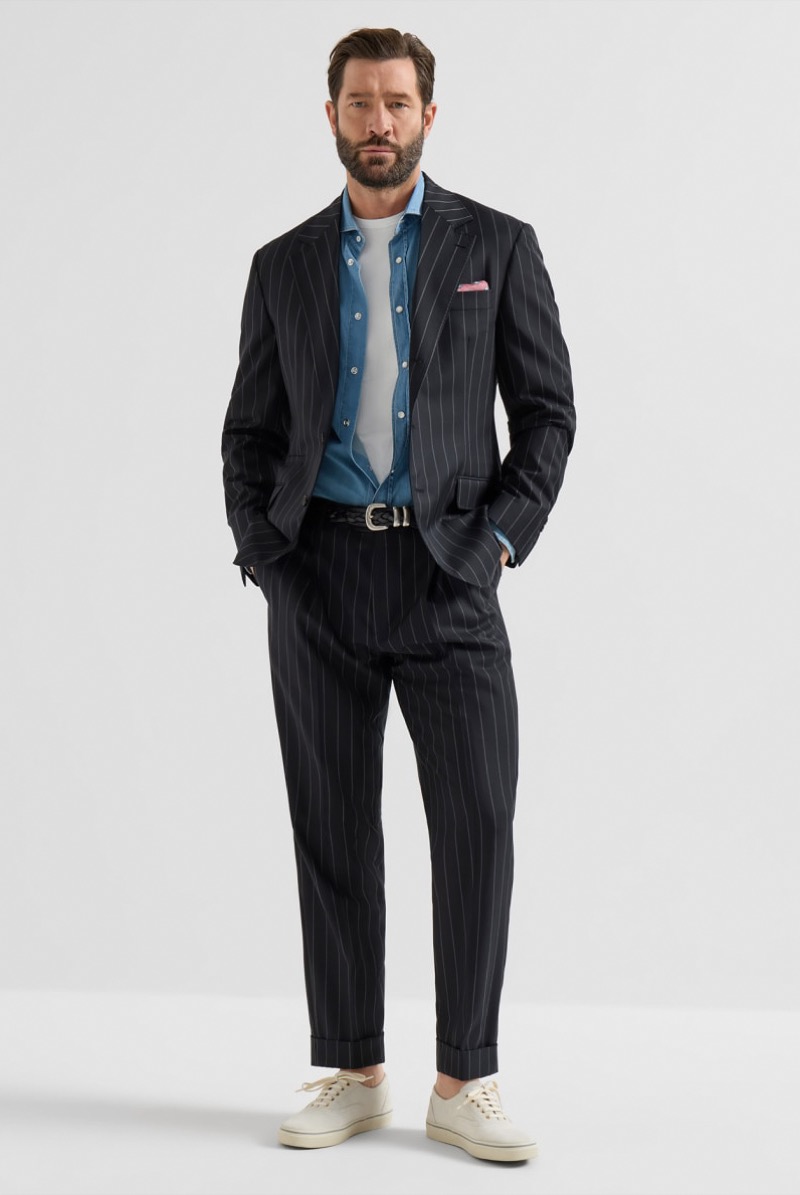 light blue denim shirt with pinstripe suit outfit for men