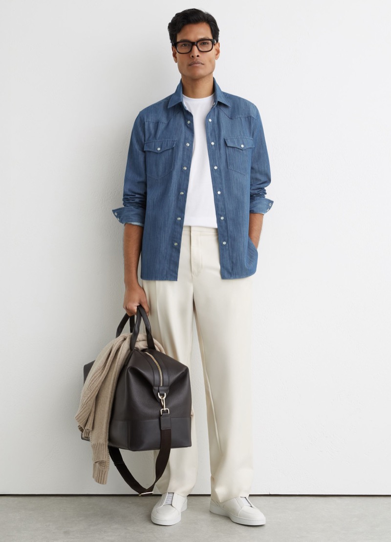 blue western denim shirt with ecru wide-leg trousers and white sneakers outfit for men