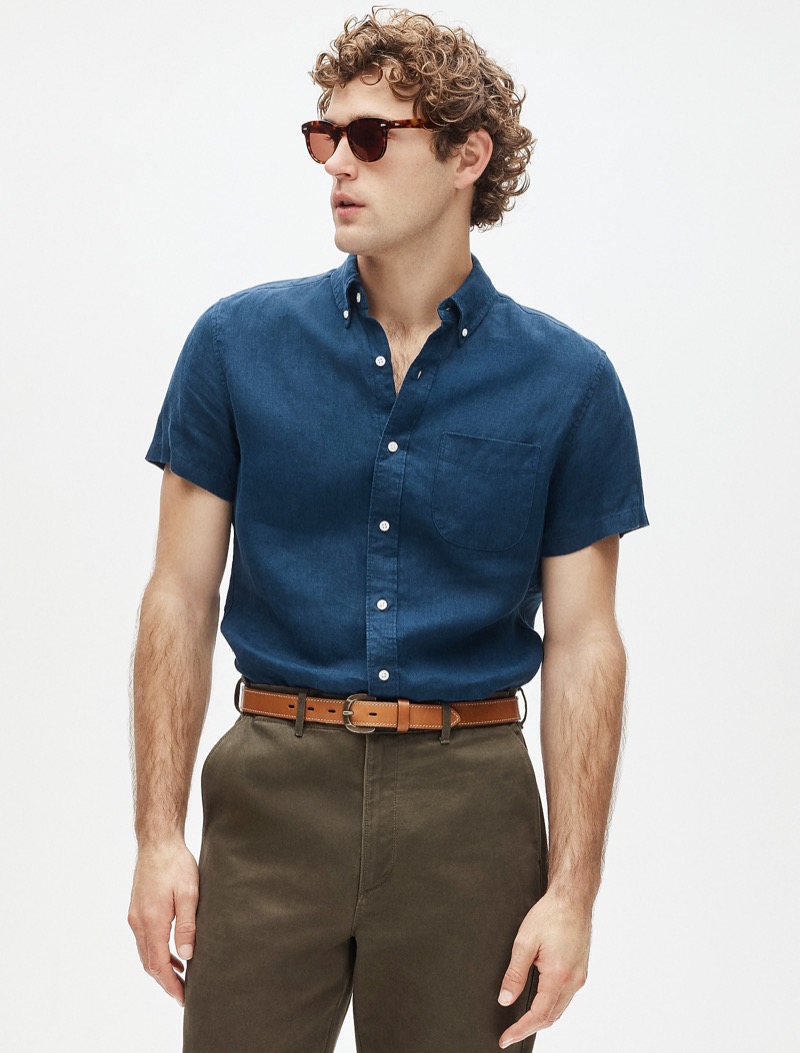 Navy linen short-sleeve shirt with a full tuck from J.Crew