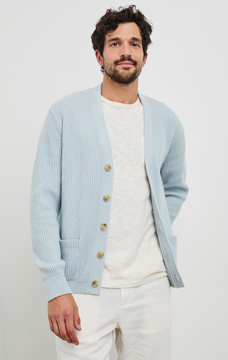 Light blue ribbed button-front cardigan