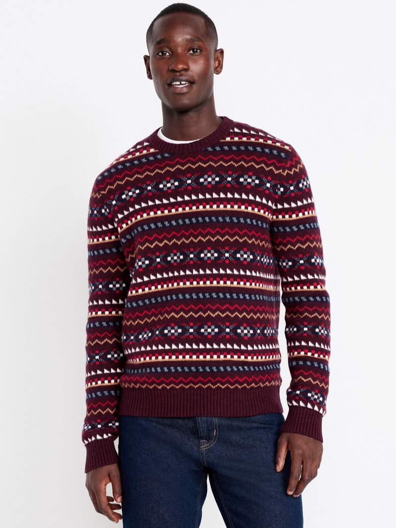 Burgundy Fair Isle sweater with multicolored geometric bands