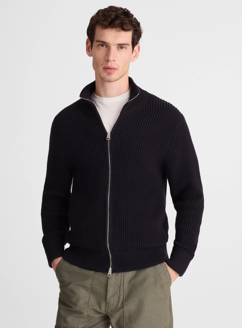 Black ribbed full-zip sweater with a standing collar