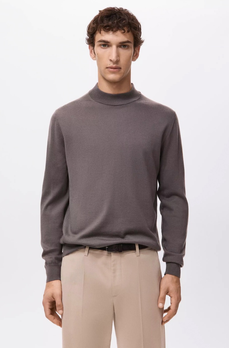 Grey fine-knit mock neck sweater
