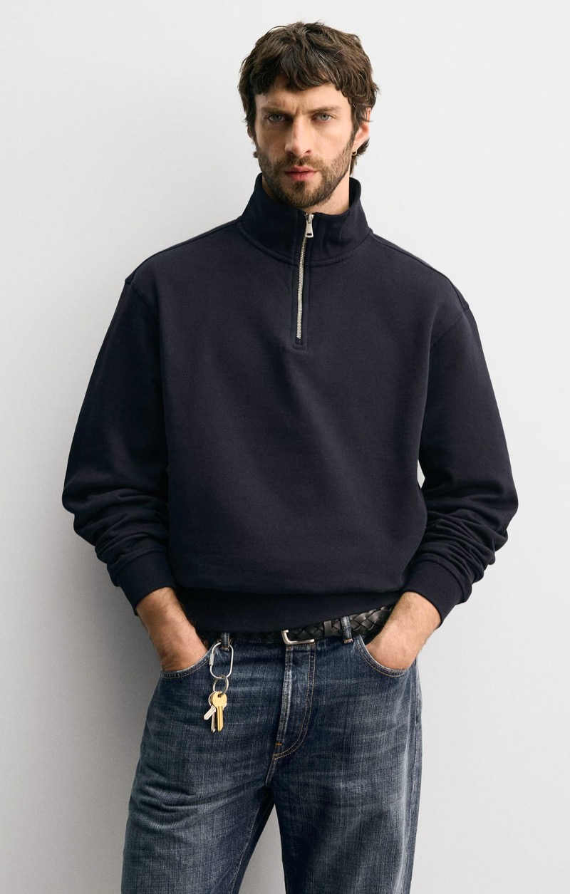 Navy quarter-zip pullover with a metal zipper