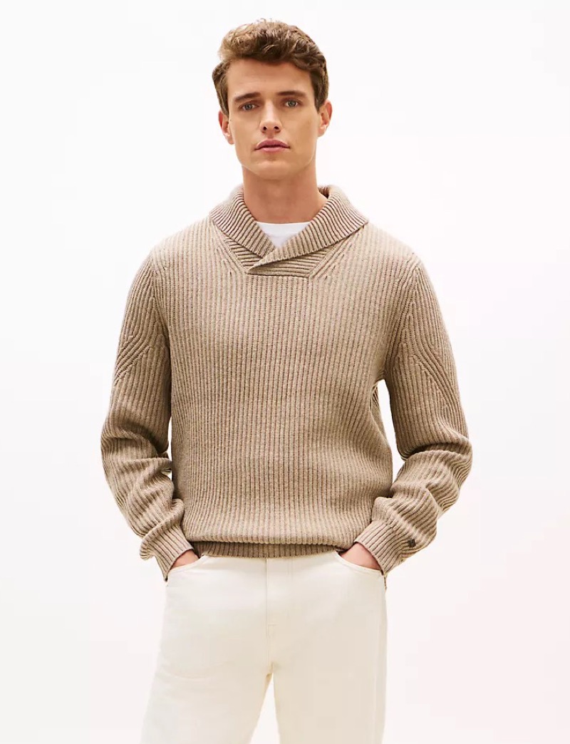 Oatmeal ribbed shawl collar pullover sweater