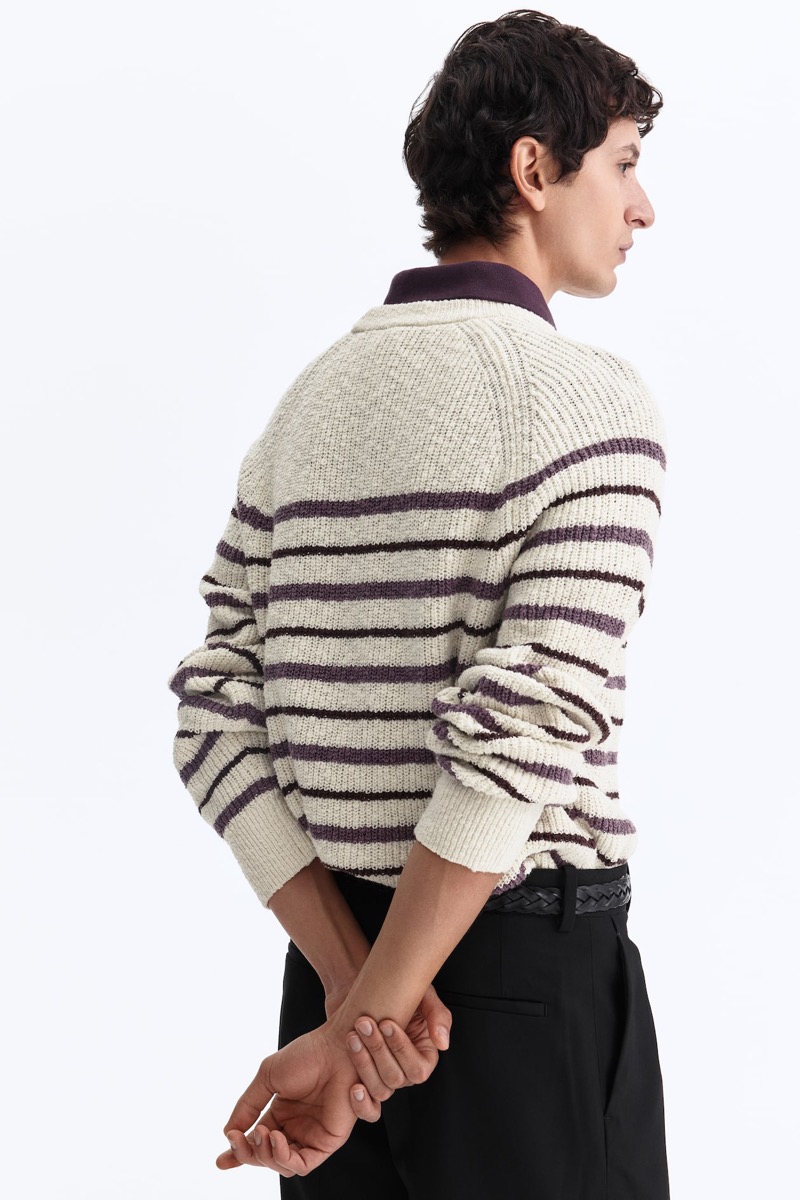 Cream and plum striped knit sweater