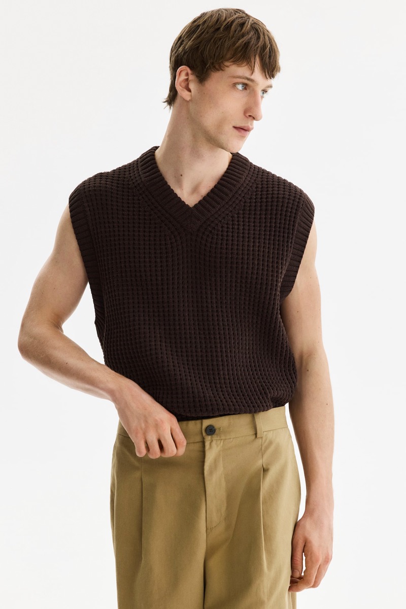Brown waffle-knit V-neck sweater vest