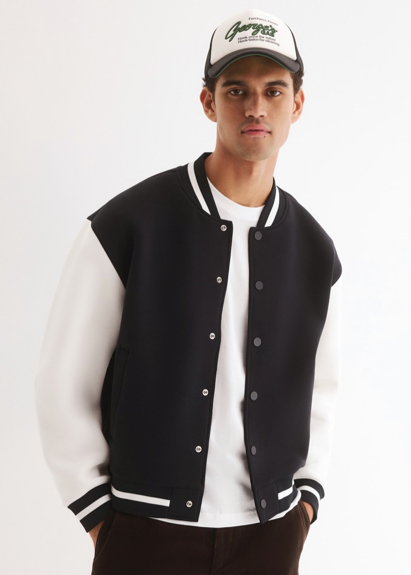 black and white varsity jacket from H&M